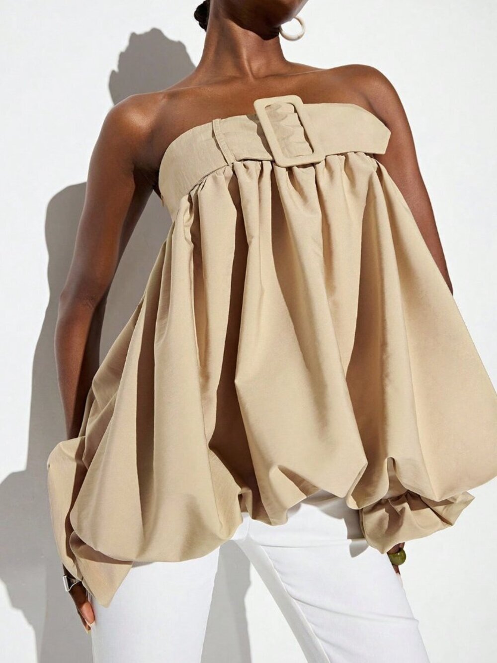 Khaki Casual Women's Strapless Belt Buckle Voluminous Balloon Hem Top